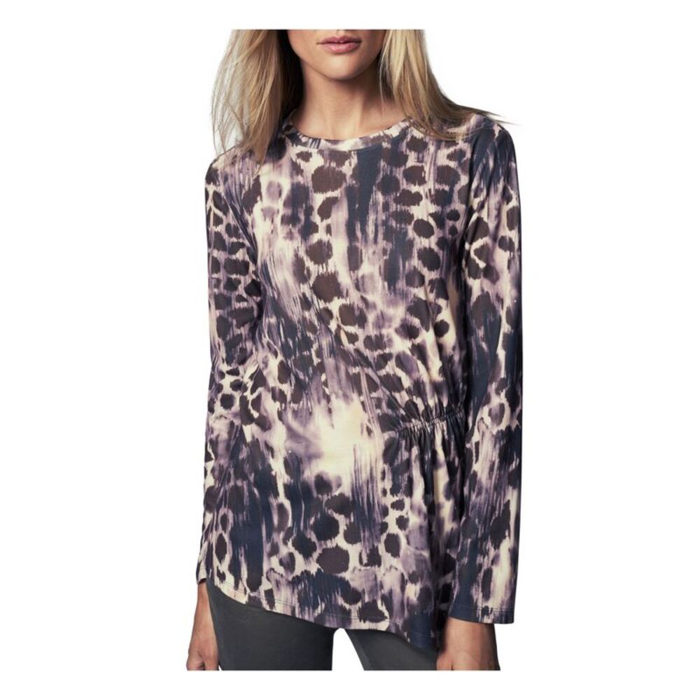 B NEW YORK Womens Blouse Ruched Long Sleeve Crew Neck Asymmetrical Hem